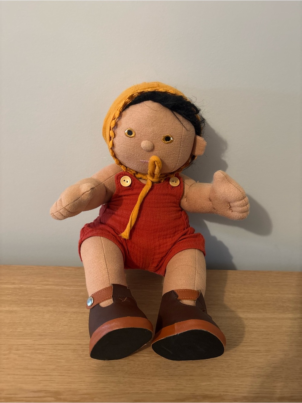 Coco village 100% cotton Plush Rag Doll in Red Romper with Yellow Hood